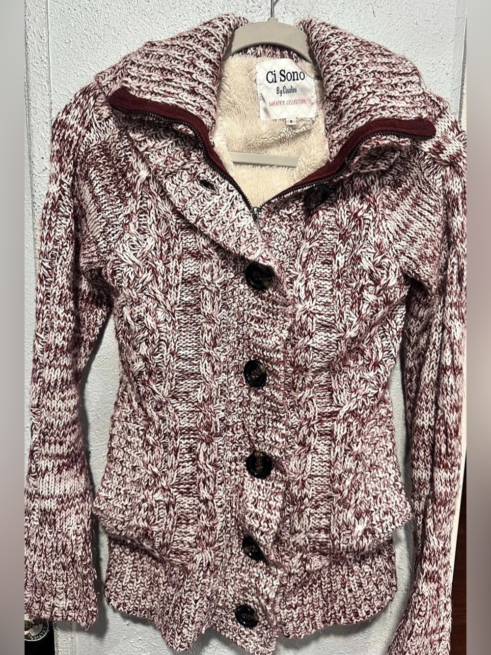 Ci Sono Marled Hooded Cardigan in Burgundy & Cream Size Small Like N
